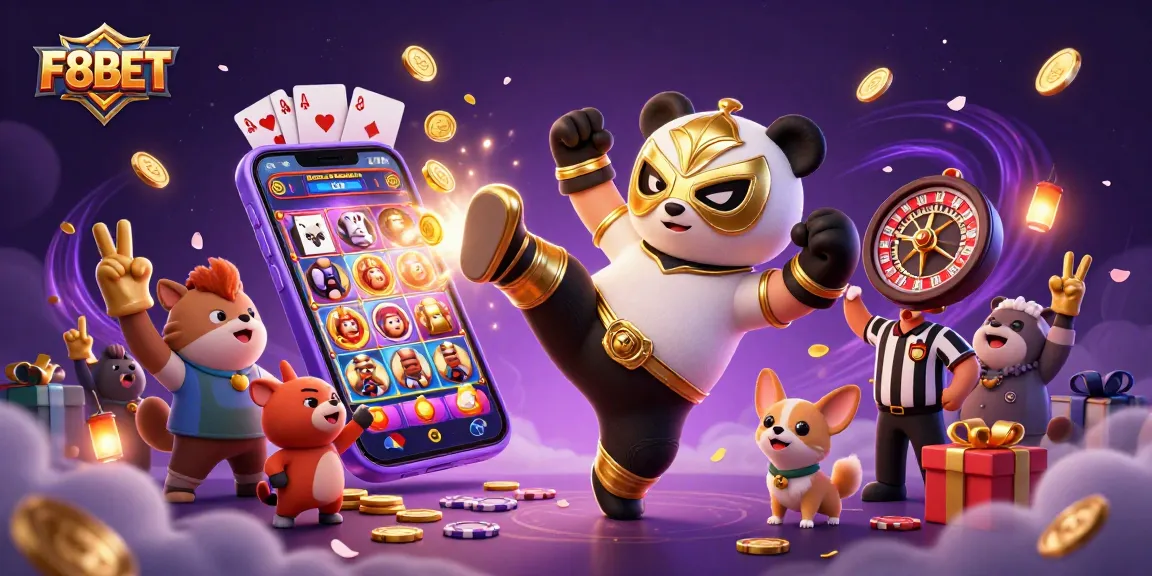 F8BET showcases thrilling gaming action with a lively illustration of a panda wrestler and dynamic casino elements.