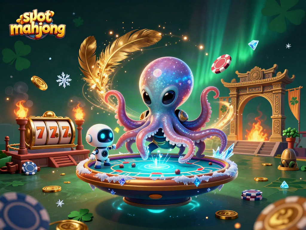 Experience the excitement of slot mahjong with an alien octopus at a holographic poker table amidst dazzling casino elements.