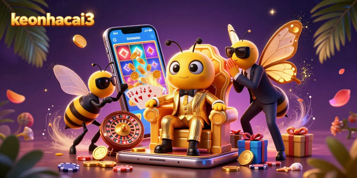 Engage with keonhacai3 as a bumblebee mob boss oversees a vibrant casino atmosphere bursting with game elements.