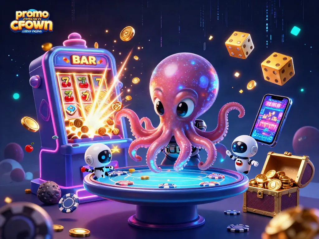 Engage with the exciting promo code for crown coins casino, as a vibrant alien octopus operates a holographic poker table amidst dynamic gaming elements.