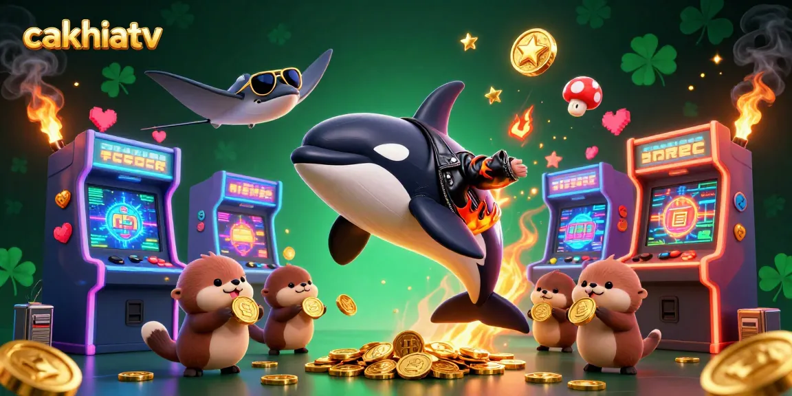 Cakhiatv showcases a vibrant scene with an orca jumping and sea otters holding gold, embracing a casino adventure.