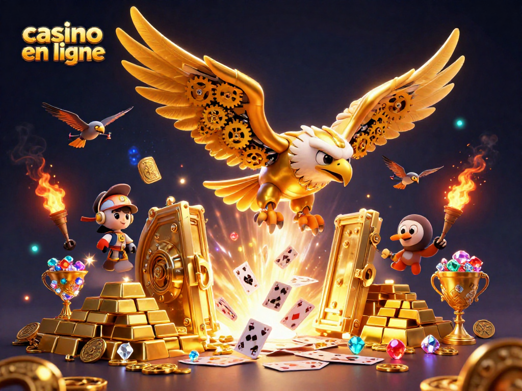 Volez dans le monde du casino en ligne avec ce majestueux aigle doré entouré de trésors scintillants.