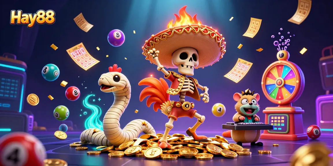 Engage with Hay88 in thrilling lottery games as a victory dance unfolds amid colorful lottery elements.