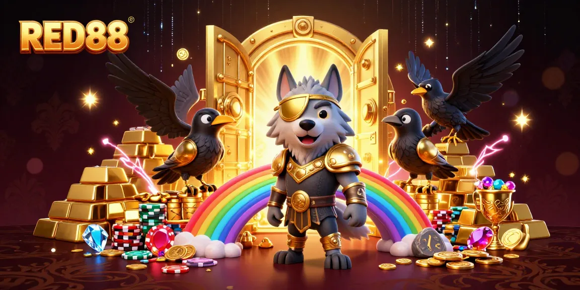 Experience the thrill of RED88 with Odin and his ravens amidst riches on a casino chip bridge.