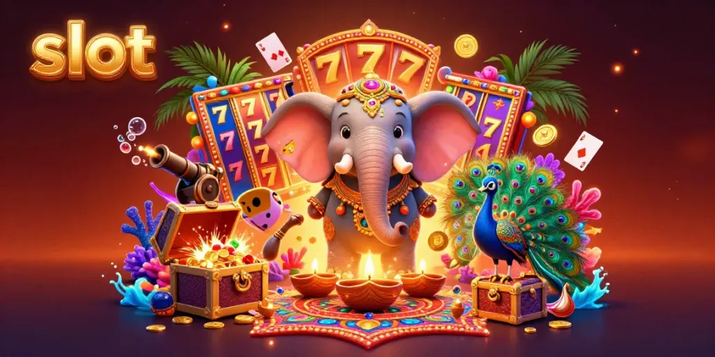 Experience thrilling slot wins with a vibrant, Diwali-themed scene featuring a lavish elephant and peacock.