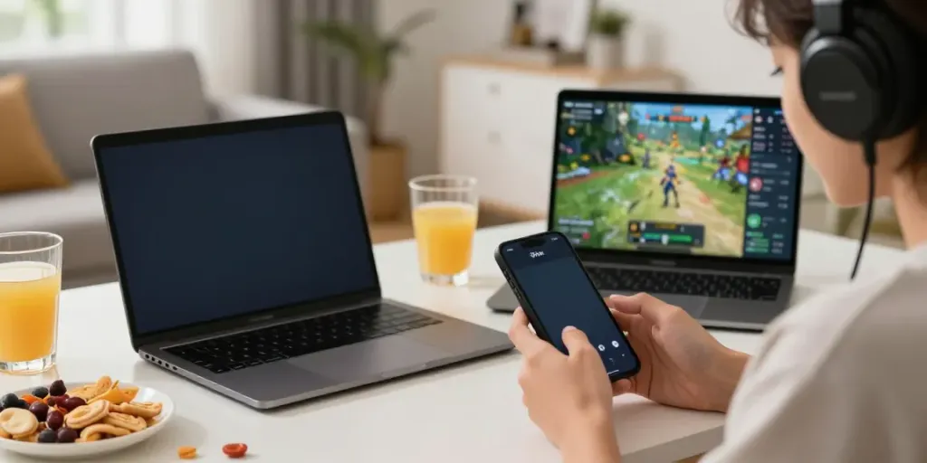 Engaging DM First apk download gaming session on smartphone and laptop in cozy living room.