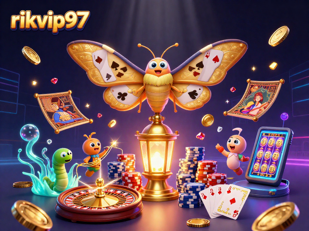 rikvip97 features a colorful casino scene with an atlas moth and dynamic gaming elements.