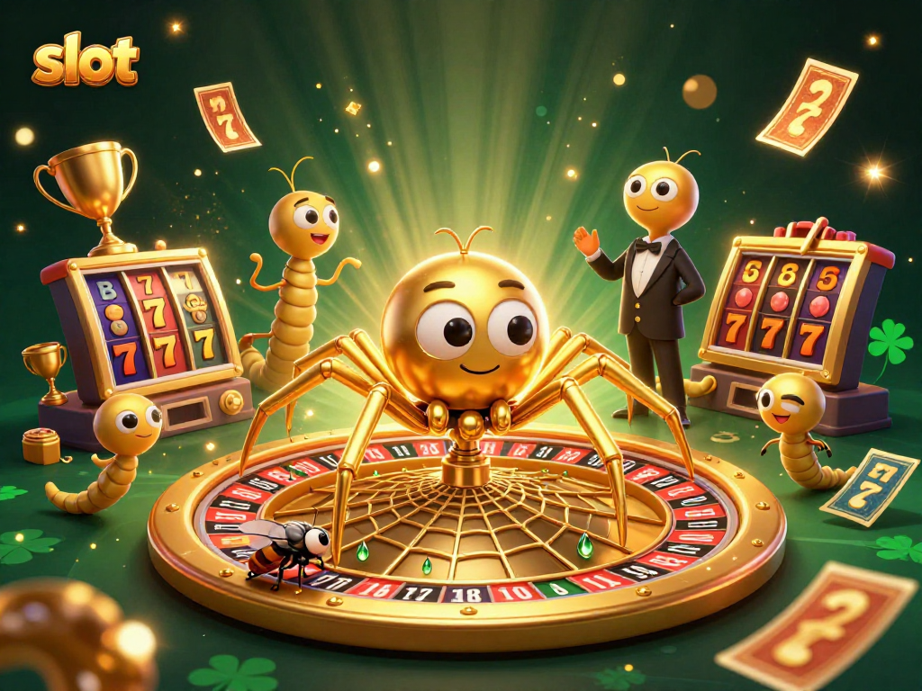 Experience thrilling slot action with a mystical spider and croupier in a vibrant casino web.