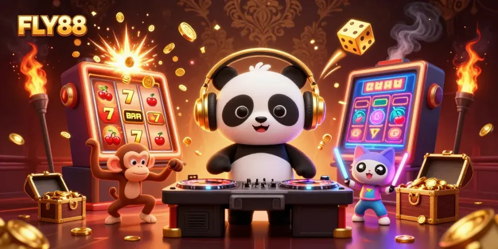 FLY88 players enjoy an electrifying game environment with vibrant DJ characters and slot machine excitement.