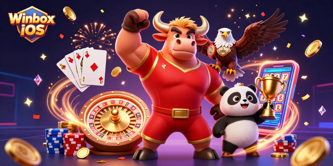 Winbox iOS: Enjoy casino adventures with mascot characters amidst dynamic gambling elements.