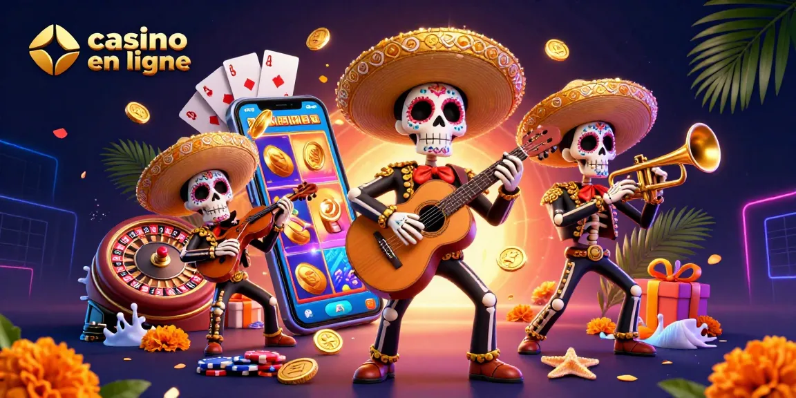 Engagez-vous dans l'univers du casino en ligne avec la musique de ce groupe mariachi squelettique coloré.