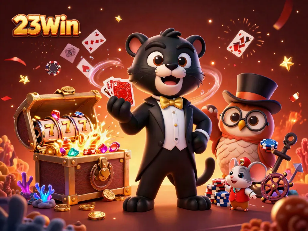 Play and win exciting games with 23Win's immersive casino experience featuring dynamic cartoon characters.