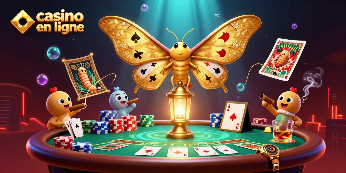 Jouez à casino en ligne avec des scènes de poker, des jets de jetons et un papillon géant coloré.