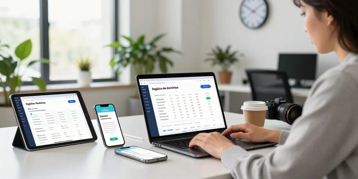 Researching registro de dominios in a modern office setup, showcasing productivity and digital entrepreneurship.