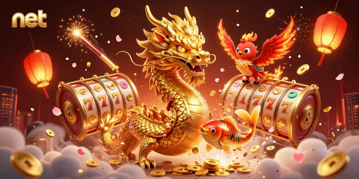 Experience the thrilling action at net with a golden dragon, phoenix, and koi fish in a vibrant casino scene.