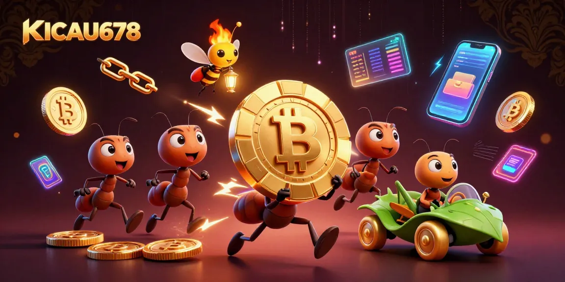 KICAU678 ants stealing a giant poker chip in a vibrant 3D casino heist scene.