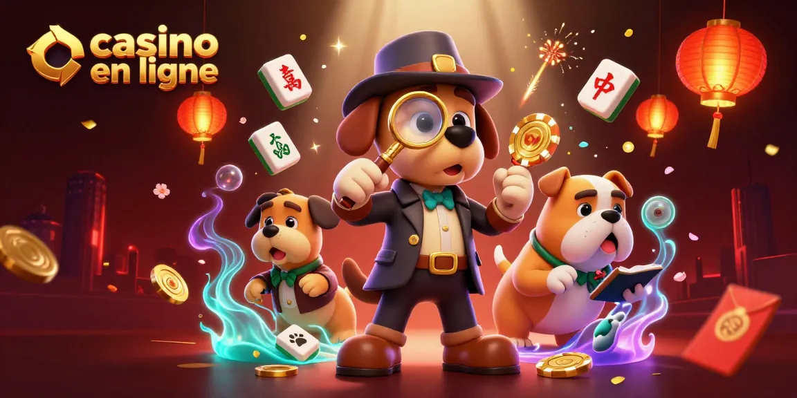 Jouez dans un casino en ligne captivant avec un détective cartoon examinant des jetons dorés, entouré d'éléments festifs.