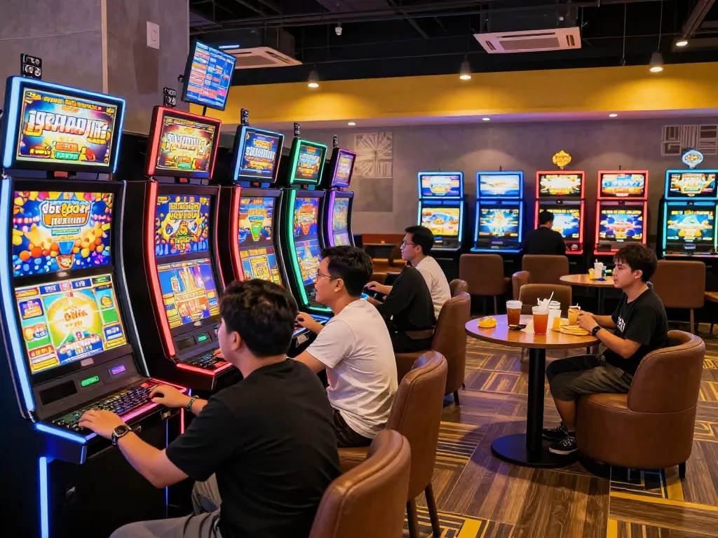 Exciting players enjoying slot gacor hari ini in a lively gaming lounge with bright lights and modern machines.