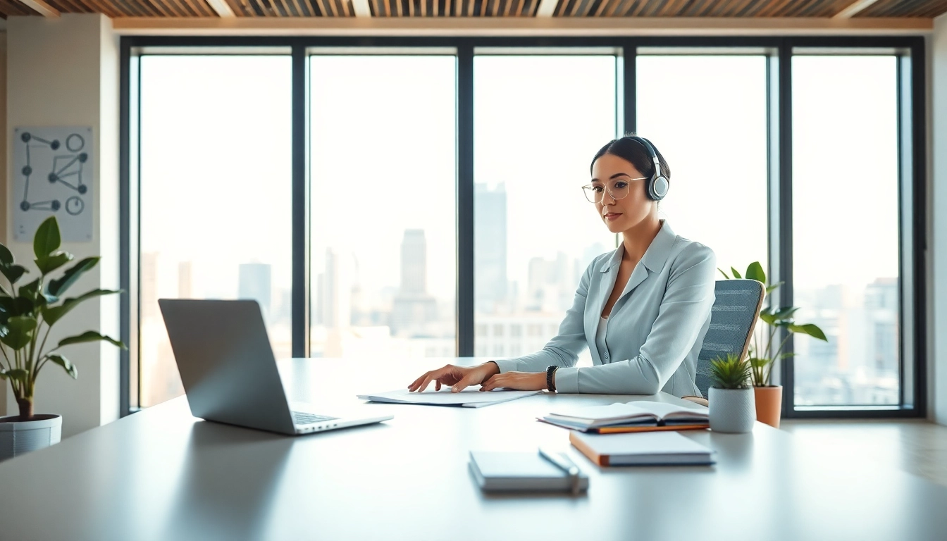 AI executive assistant efficiently managing tasks in a bright, modern office space.