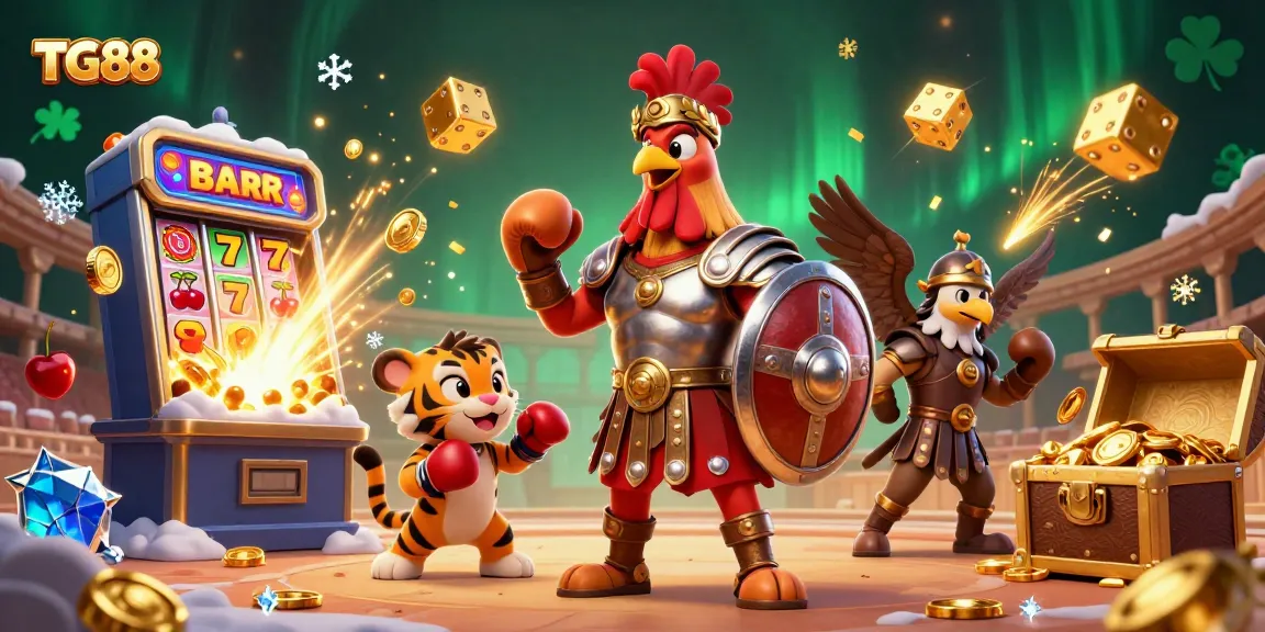 Experience the thrill of TG88 with a dynamic 3D gladiator rooster amidst casino excitement.