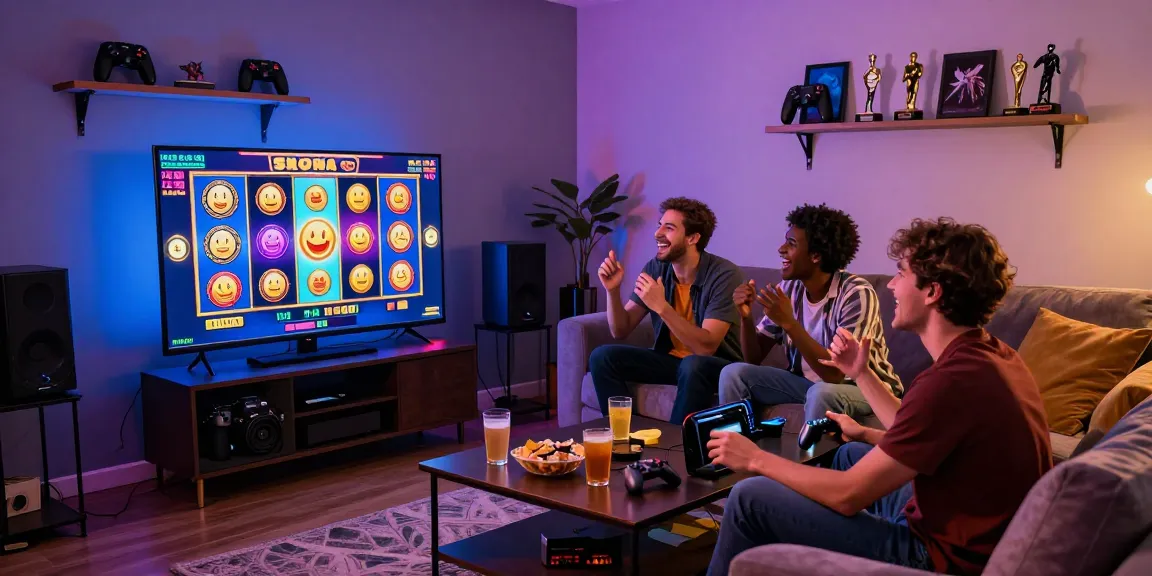 Friends enjoying a lively gaming session featuring bandar slot games on a large screen.