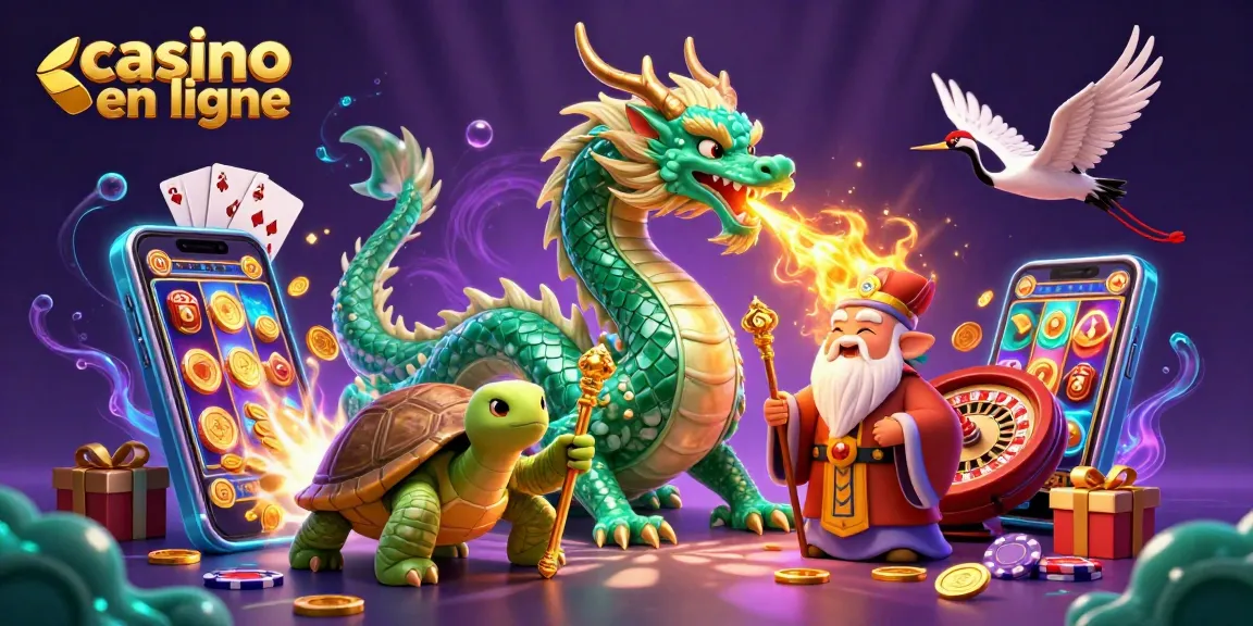 Illustration dynamique représentant un dragon jade géant, un sage tortue, et des grues porte-bonheur dans un contexte de casino en ligne.