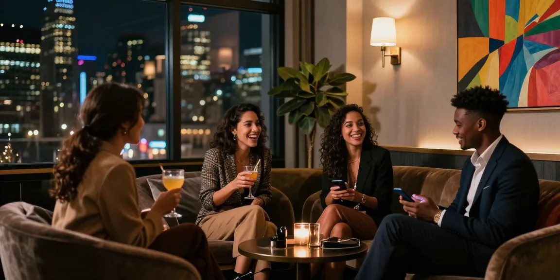 Không gian lounge hiện đại với gái gọi và bạn bè tận hưởng buổi tối sôi động.