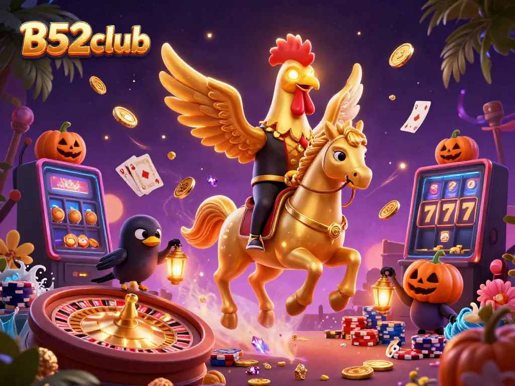 Play exciting games at B52club in a vibrant midnight casino with golden coins and cards.