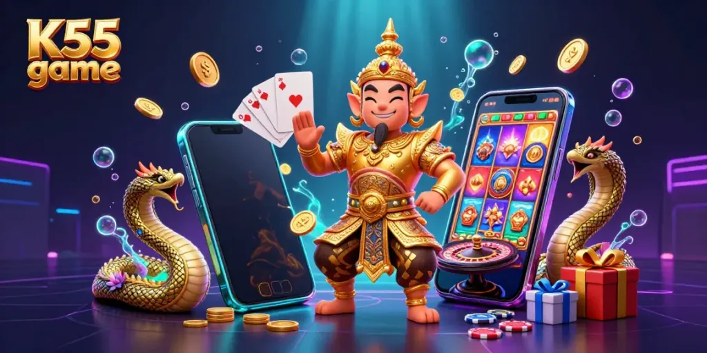 K55 game illustration featuring a colorful smartphone with slot games, gold coins, and a guardian character.