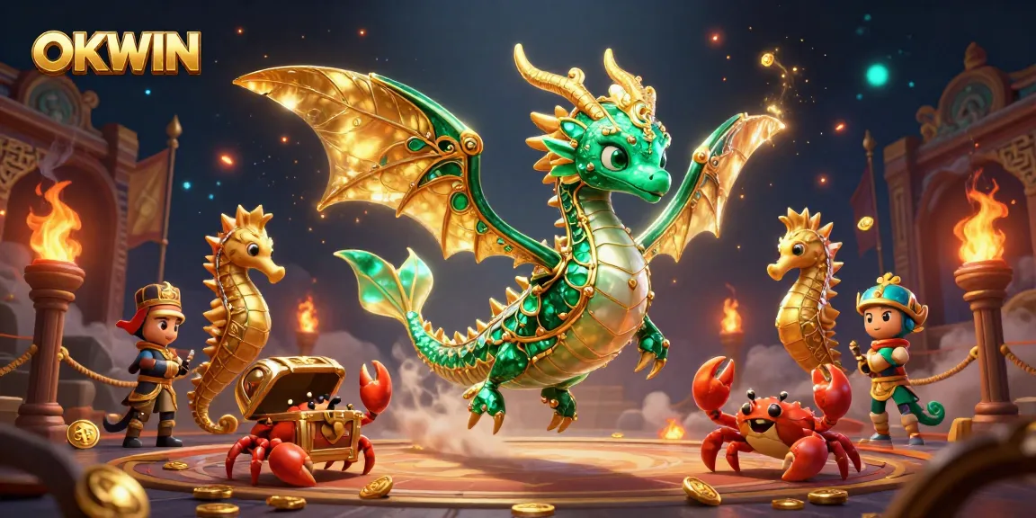 OKWIN showcases vibrant online casino action with an emerald sea dragon and treasure elements.