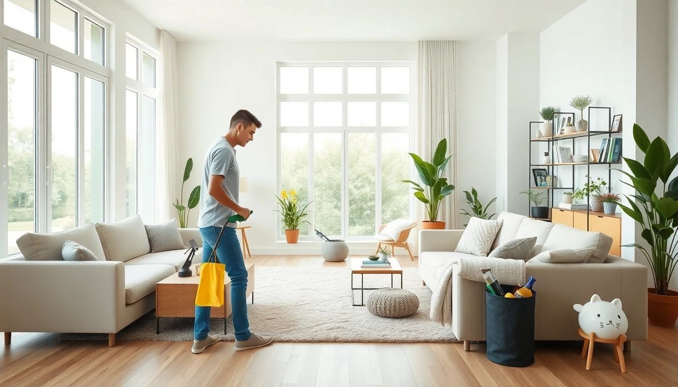 House cleaning Whangarei professional cleaner making a bright living room spotless.