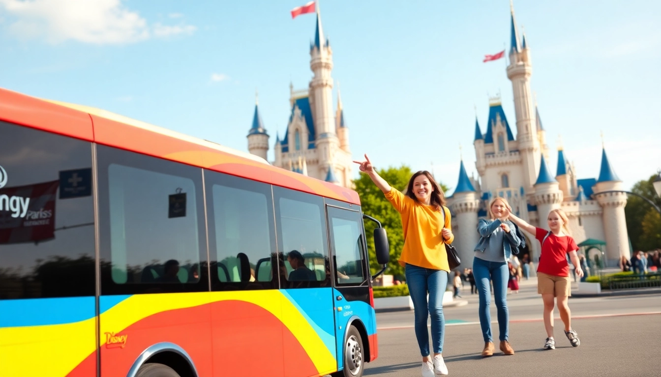Families enjoying the disneyland paris transfer shuttle to the iconic Disneyland Castle.