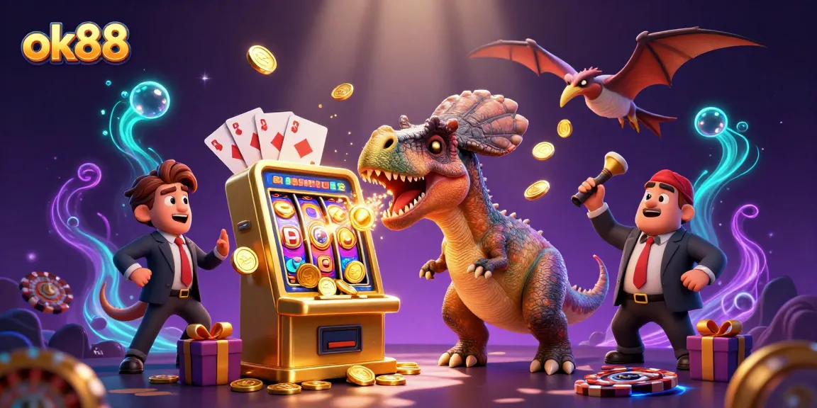 ok88 showcases a dynamic casino scene with dinosaurs and gaming elements, highlighting a fun and adventurous environment.