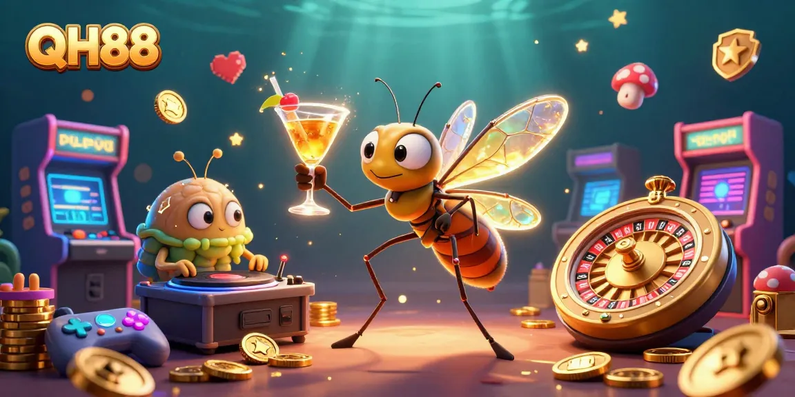 Experience QH88's vibrant casino adventure with unique characters and gaming elements in a stunning 3D illustration.