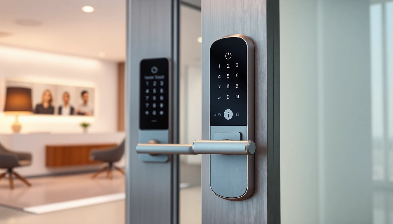 Visually illustrate a zutrittskontrolle system enhancing office security with sleek design and smart technology.