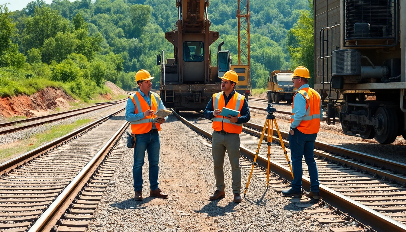 Discover skilled Railroad Contractors Near Me at a construction site, equipped with tools, emphasizing teamwork.