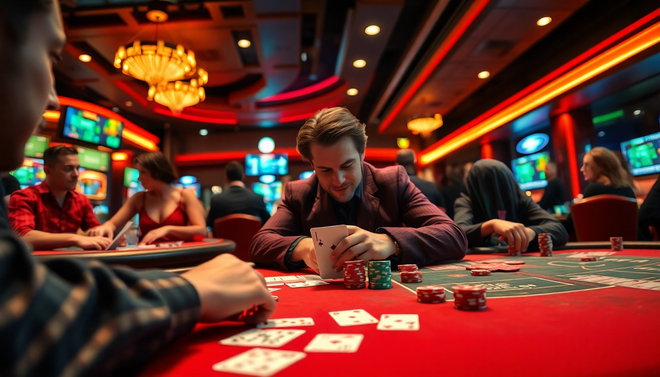 Exciting moment in joker gaming as players interact with cards and chips in a vibrant casino atmosphere.