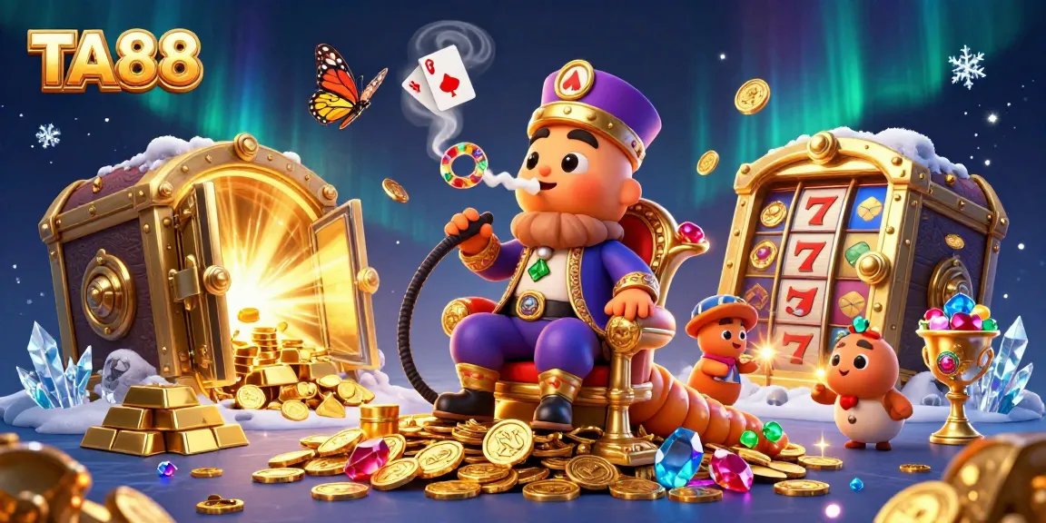 Engage in TA88's vibrant casino theme with golden treasures and colorful slot symbols.