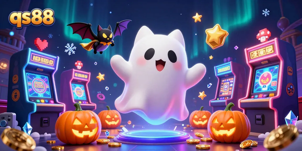Engage in thrilling gameplay at qs88 with a whimsical illustration of a ghostly cat and friend in a casino setting.