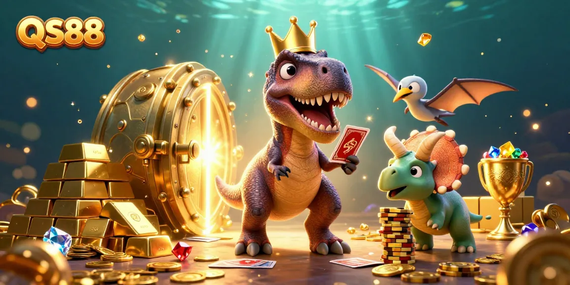 Experience the excitement of QS88 casino with a T-Rex and friends in a treasure-filled adventure