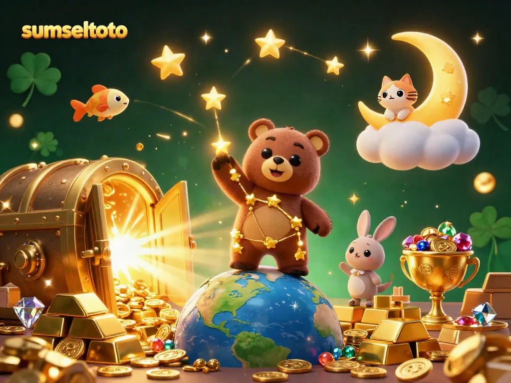 Experience thrilling gaming with sumseltoto's enchanting bear and starry scene revealing hidden treasures.