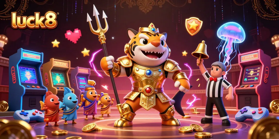 Immerse in luck8's vibrant world of gaming with a fierce shark in gladiator armor amidst dynamic casino elements.