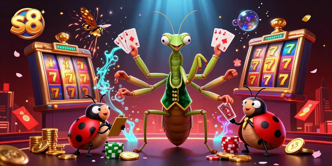 S8 spins fortune with vibrant slot reels and charismatic characters in an engaging casino scene.