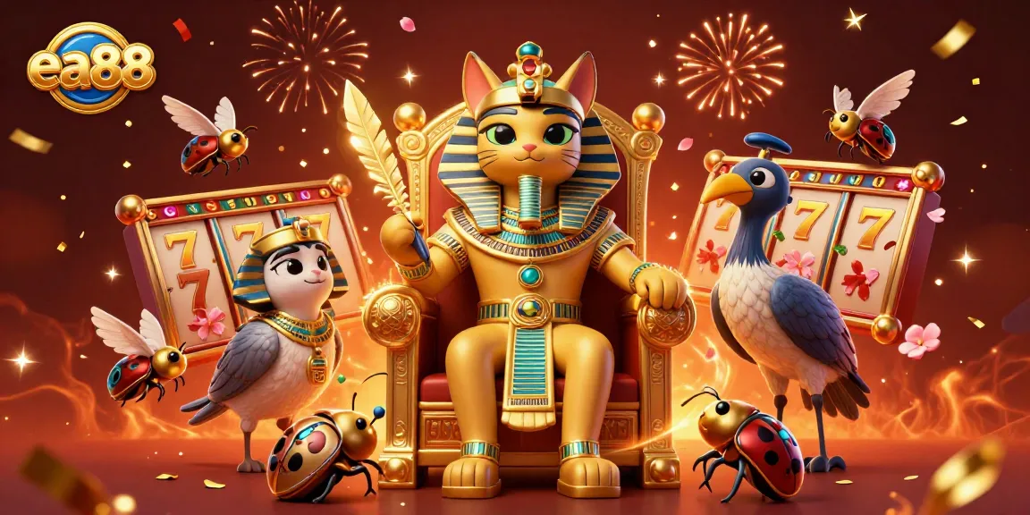Play slots and win big with ea88 featuring the Egyptian pharaoh cat in a vibrant casino scene.