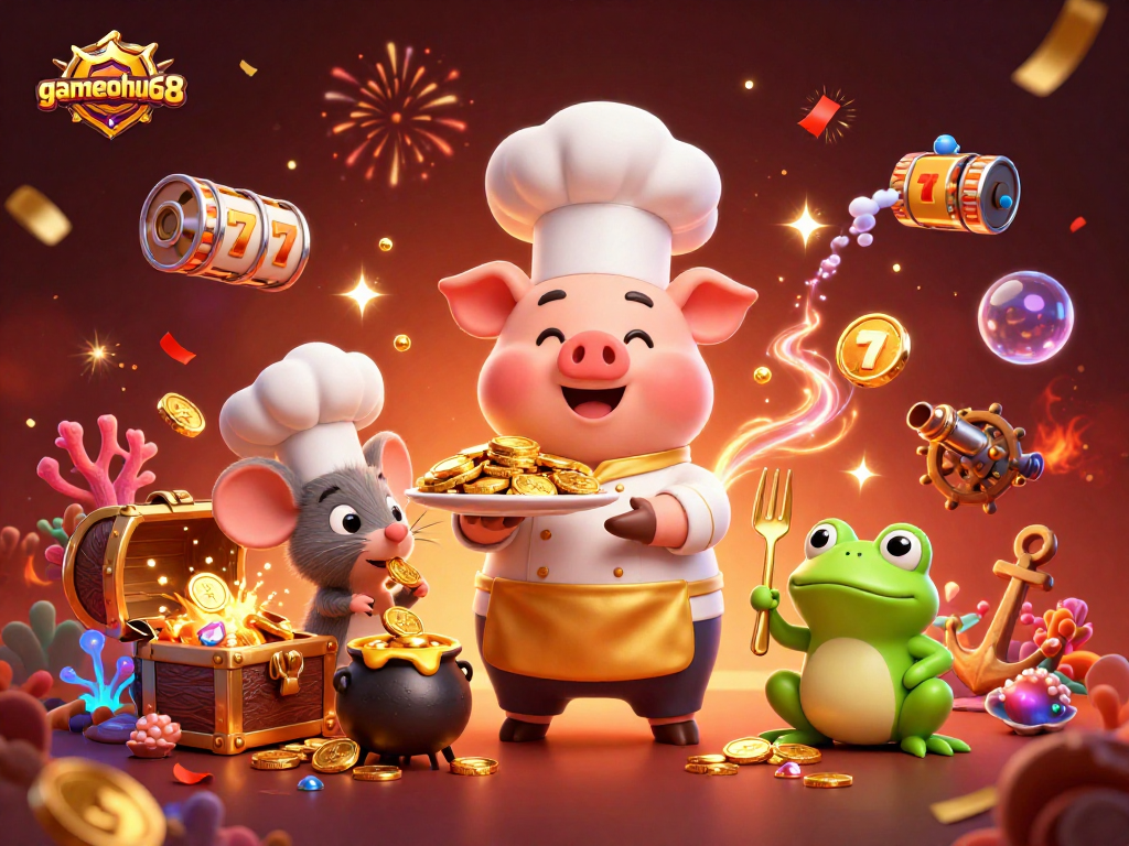 Experience the vibrant and captivating scene of gamenohu68 featuring festive characters and casino elements.