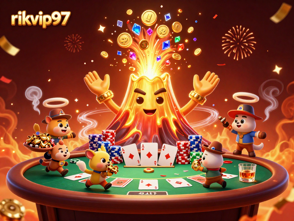 rikvip97 celebrates casino triumph with a golden volcano and treasures in the scene.