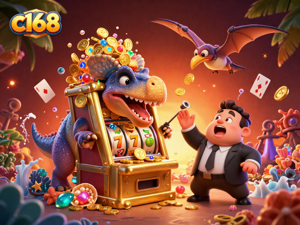 Win big at c168 with a pachycephalosaurus celebrating a jackpot payout in a vibrant casino