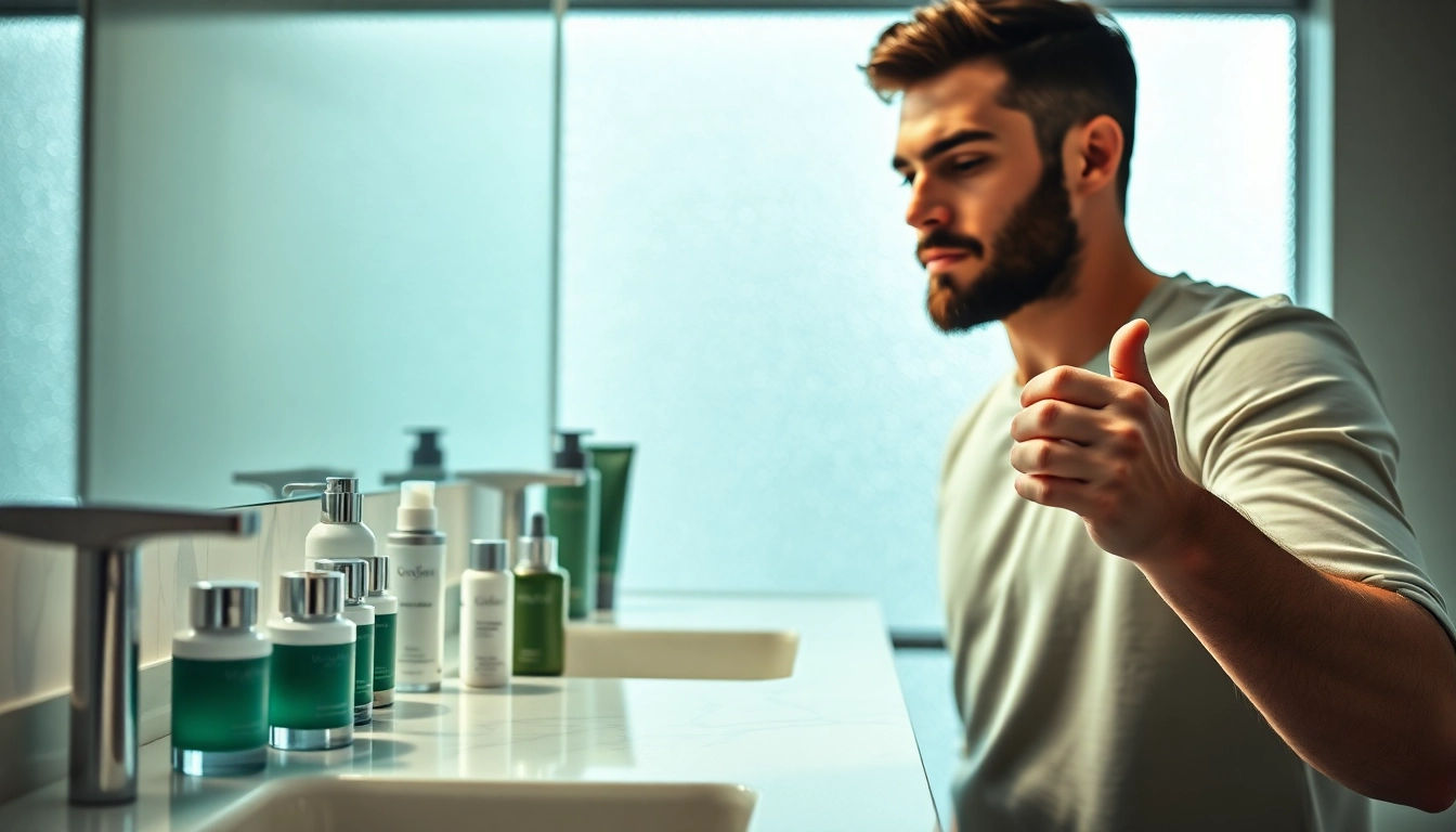 Applying skin care for men products in a modern bathroom for daily grooming.