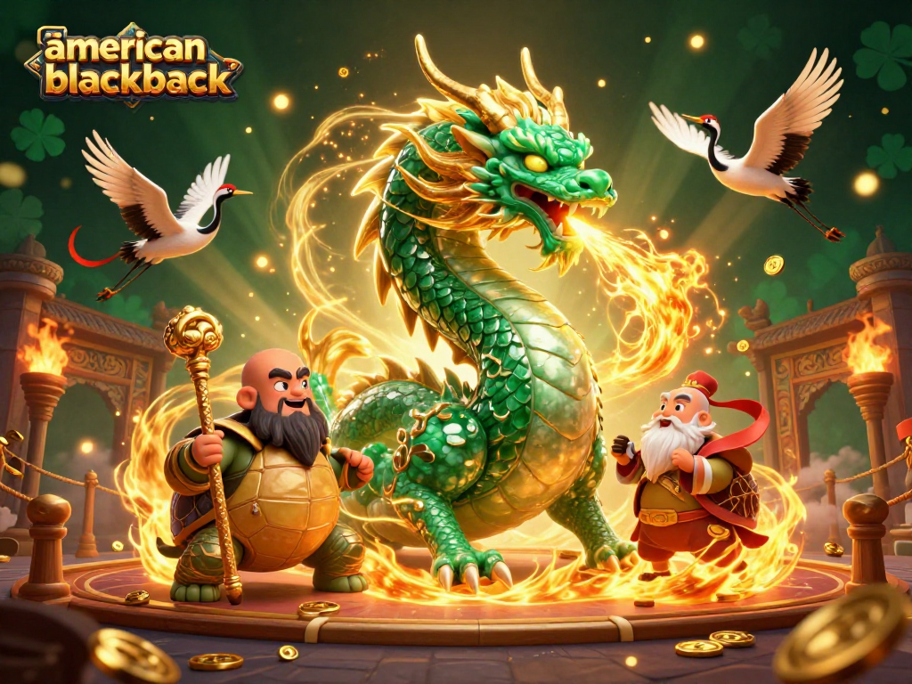 Experience thrilling action in american-blackjack with a dragon and lucky cranes amidst dynamic casino elements.