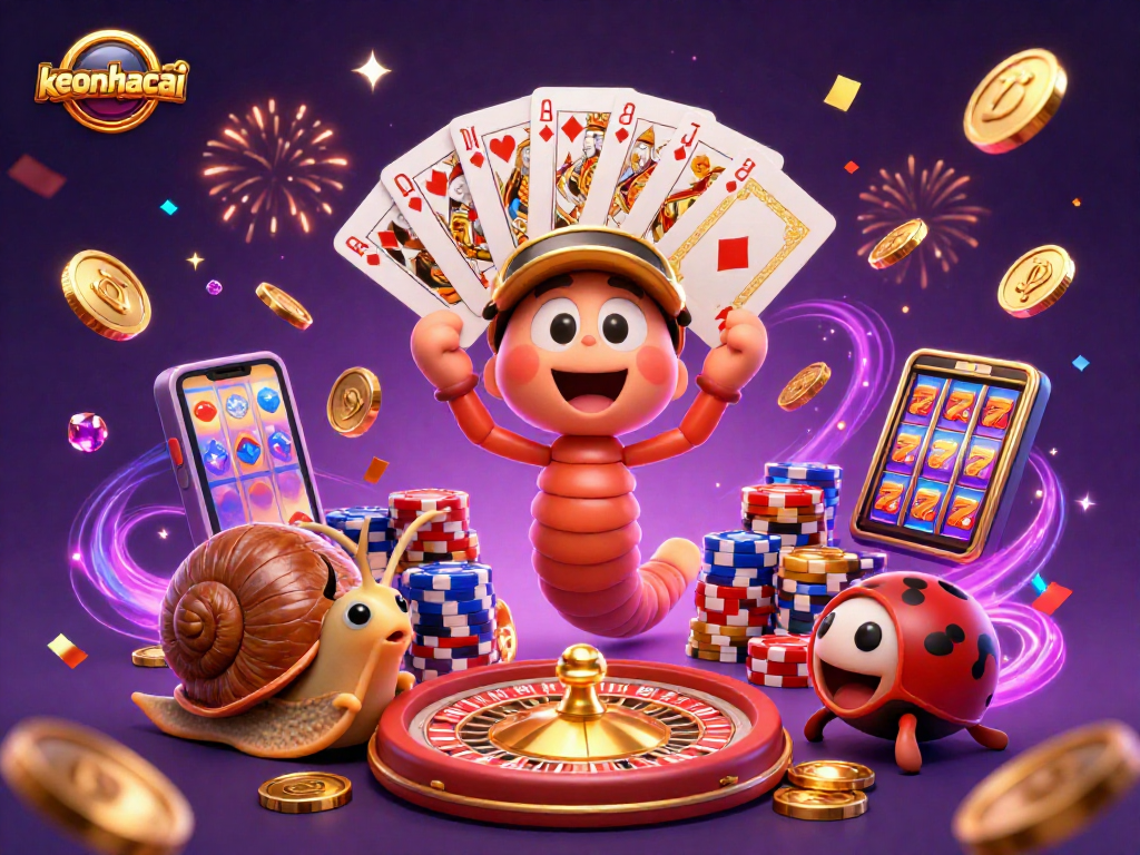 Experience the excitement of keonhacai with a dynamic casino illustration featuring a cartoon millipede dealer.